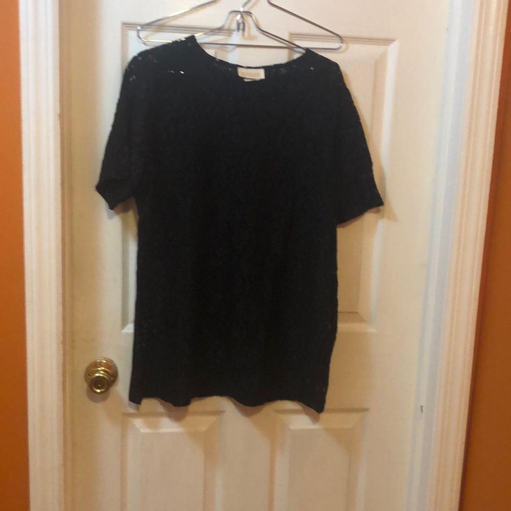 VTG Roaman’s black floral  lace overlay top  Sz L crew neck romantic  elegant